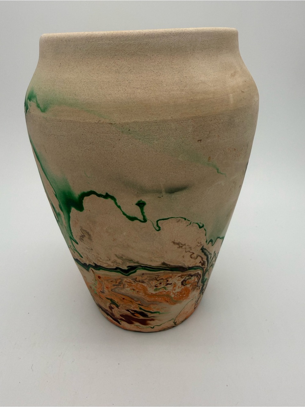 Vintage Nemadji Art Pottery Vase 6" Marbled Swirl Green Orange Mid Century Decor